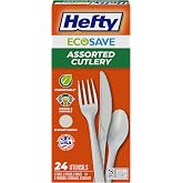 Hefty ECOSAVE Compostable Assorted Cutlery Set, 8 Forks, 8 Spoons, 8 Knives | Compostable Disposable Utensils, Ideal for BBQs, Tailgates, Camping, Parties, and More, Strong and Durable, Lattice Design