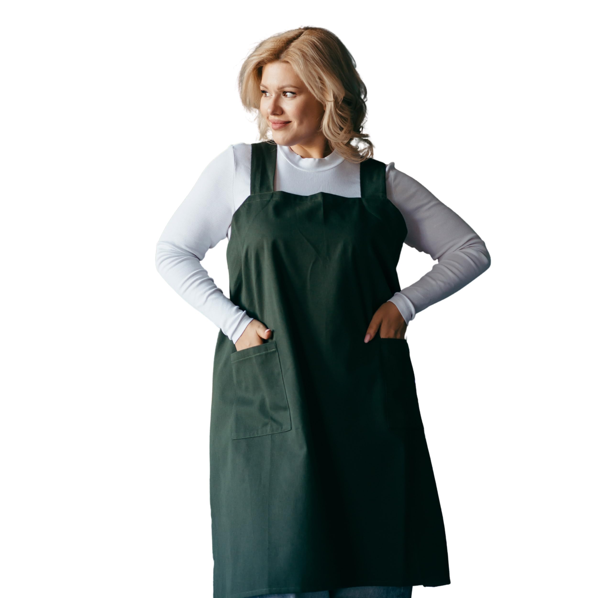 Bunny Street No-Tie Pinafore – 100% Cotton Japanese Cross-Back Apron for Women – Kitchen, Craft, Gardening Smock with Pockets (Olive)