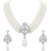 EVER FAITH 1920s Gatsby Jewelry Set for Party, Crystal Simulated Pearl Vintage Inspired Chandelier Necklace Earrings Sets for Woman