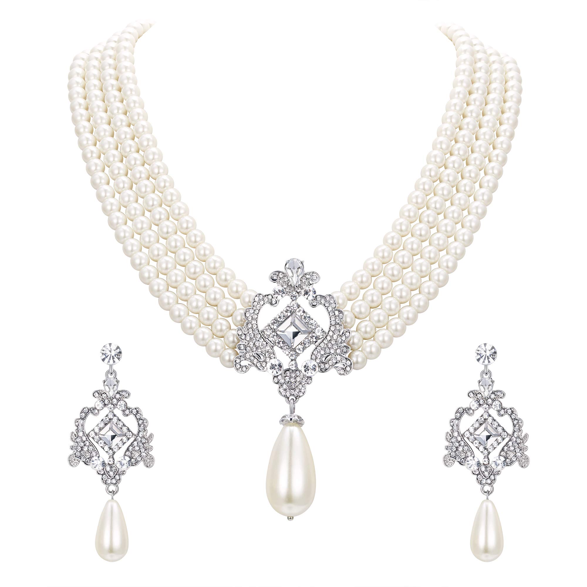 Ever Faith 1920s Gatsby Jewellery Set for Women, Crystal Simulated Pearl Vintage Inspired Costume Necklace Earrings Sets for Woman
