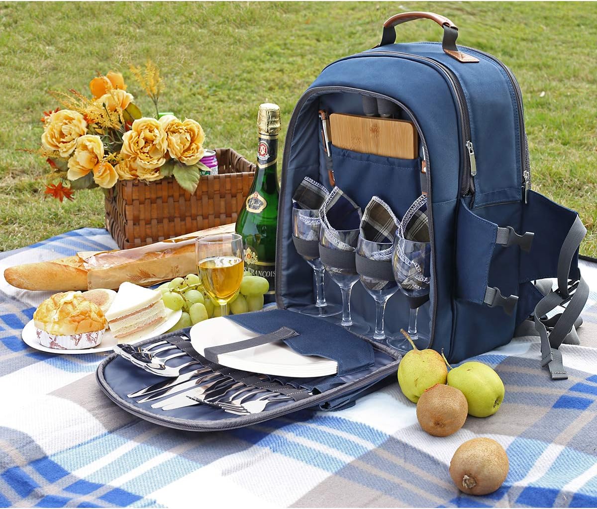 Sunflora 4 Person Insulated Picnic Backpack Rucksack with Blanket & Stainless Steel Tableware for Camping Picnic Hiking and BBQ (Navy Blue) - Image 3