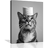 OWNANRTHM Cat Bathroom Canvas Wall Art Funny Animal Bathroom Wall Art Cat Toilet Paper Painting Black and White Animal Toilet Pictures for Bath Restroom Wall Decor Framed 8X10 inch