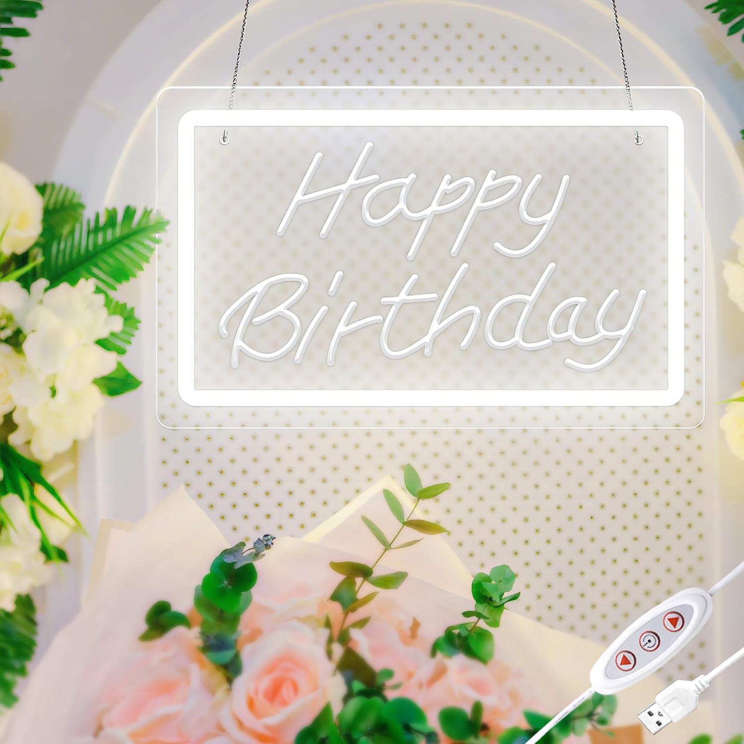 Photo 1 of KeyDoors Happy Birthday White Neon Sign For Wall Decor,3D Art Carving Design LED Letter Neon Signs, Dimmable Neon Led Lights for Christmas Party Wedding Living Room Birthday Gift