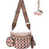 LANALULU Checkered Crossbody Bum Bag for Women Water-resistan Nylon Fanny Pack Shoulder Bag with Coin Purses and Cherry