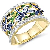 Santuzza 925 Sterling Silver Dragonfly Openwork Ring Cubic Zirconia Enamel Flower Ring 14K Gold Plated Vintage Jewelry