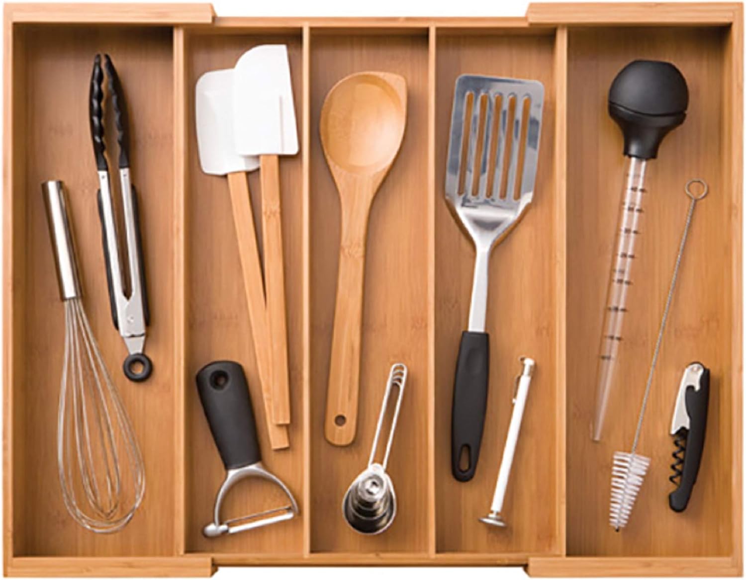 Seville Classics Bamboo Box Kitchen Utensil Drawer Organizer & Home, Office Tool Holder Storage Organizer, Expandable Tray (5 Compartment): Home & Kitchen