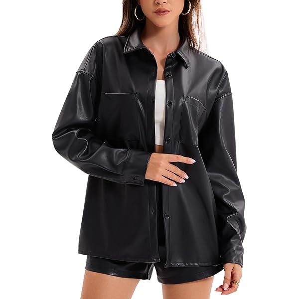 Amazon.com: Faux Leather Shirt Women Loose Fit Short Sleeve