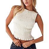 Women Y2k Smocked Tank Top Polka Dot Cute Peplum Crop Top Sleeveless Boat Neck Shirred Going Out Tops