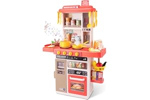 POFJOEQ Kids Kitchen Play Set，Interactive Kids Kitchen Play Set with 50Pcs of Pretend Kitchen Toys，Realistic Sound Effects，and Simulated Functionality - Suitable for Toddlers Aged 3-5 Years(Pink)