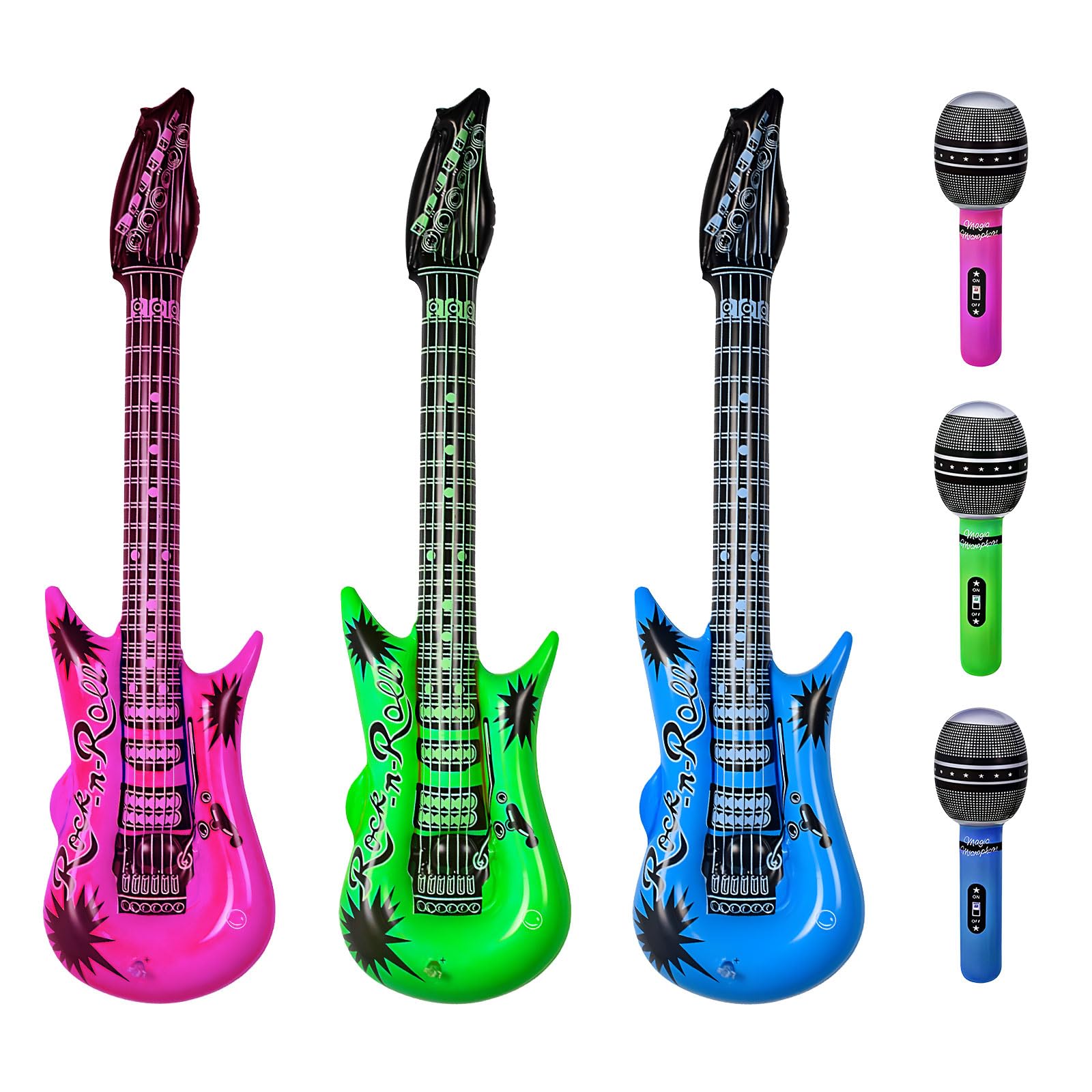 6 Pcs Musical Instruments Balloons, 3 Inflatable Guitar and 3 Microphone Inflatable Party Props Set for Adults Kids Party Favours 80s Decorations Karaoke