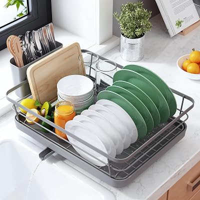 Kitsure Dish Drying Rack Space-Saving Stainless Steel with Cutlery Holder