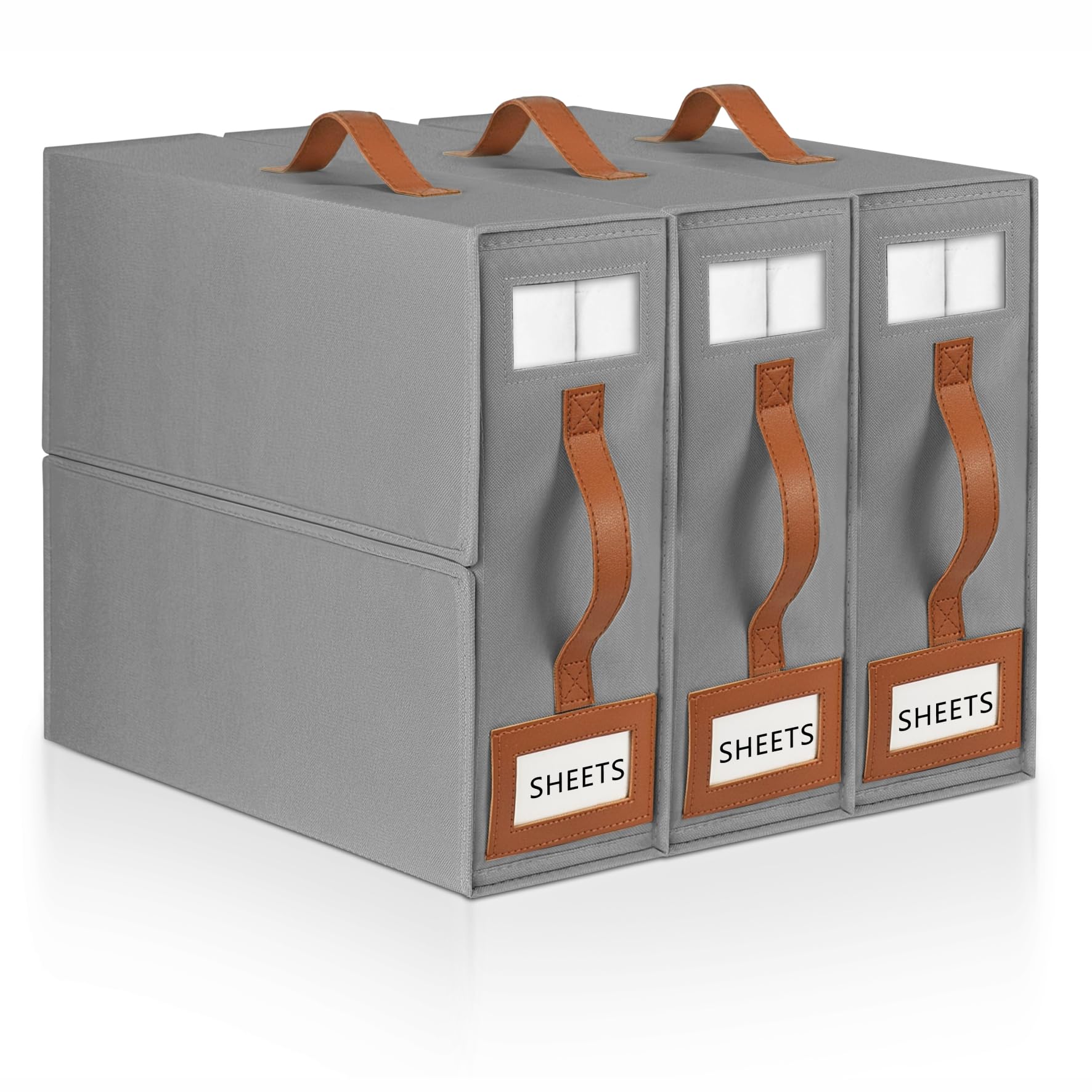 BOSNONA Bed Sheet Organiser 3 Pack Grey Bedding Storage Box Foldable King Size Bed Sheet Organiser Boxes with Zip for Bedsheets, Pillow Cases, Clothes (Grey, 3 Pack)