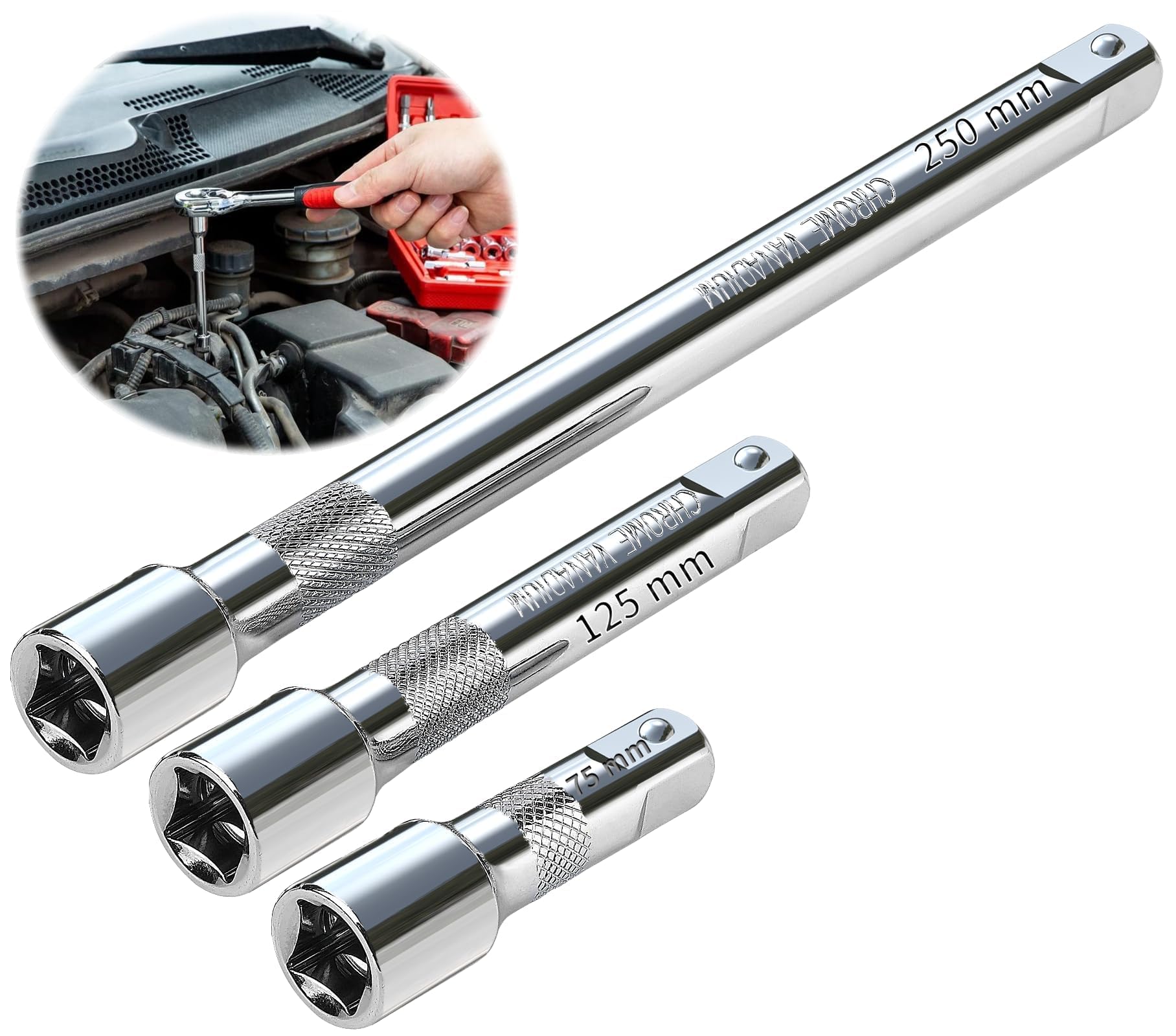 TXXATX 1/2" Extension Bar Set - 3pc Wrench Extender, 75mm, 125mm, 250mm Drive, Chrome Vanadium Steel Impact Socket Set