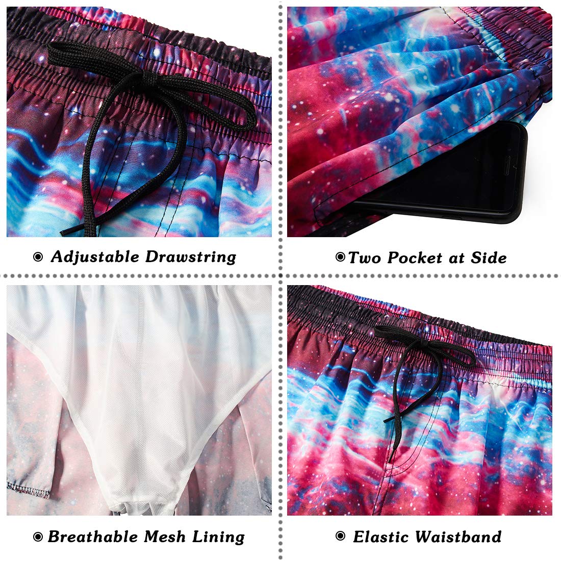 TUONROAD Outdoor Water Sports Trunks Black Galaxy Space Surfing Bathing Suit Boardshorts with Pocket Funny Printed Beach Swim Trunks Shorts with Side Pocket