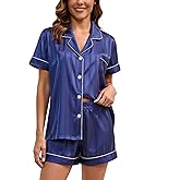 UMBY Satin Silk Pajamas for Women Set 2 Piece Pjs Set Sleepwear Short Sleeve Tops Pants