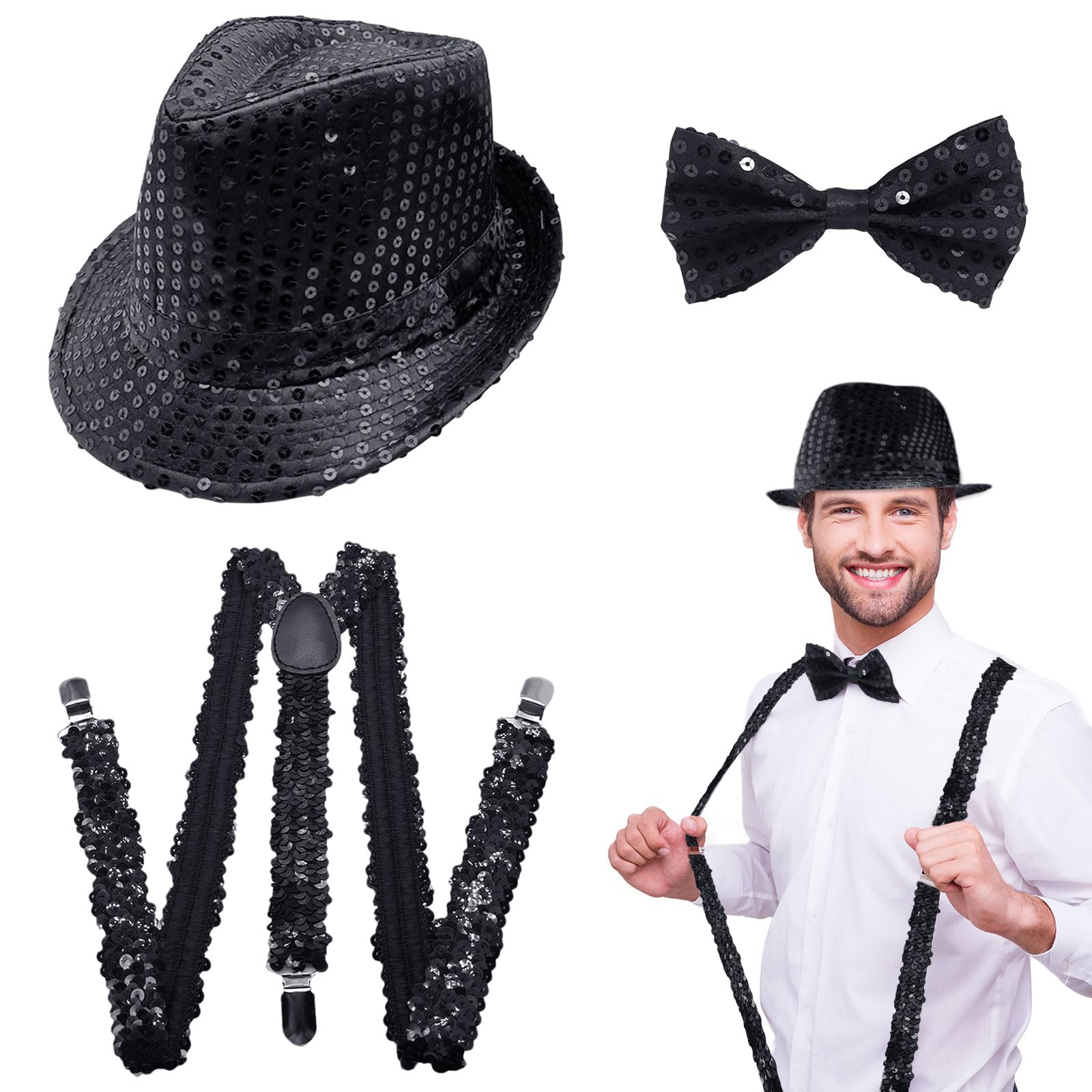 EUPSIIU 3 Pieces Jazz Dance Hat Performance Costume Jazz Sequins Hat Suspenders Braces Bow Tie 70s Disco Costume for Aldult Hip-Hop Glitter for Fancy Dress Dance Theme Party Stage Show (Black)