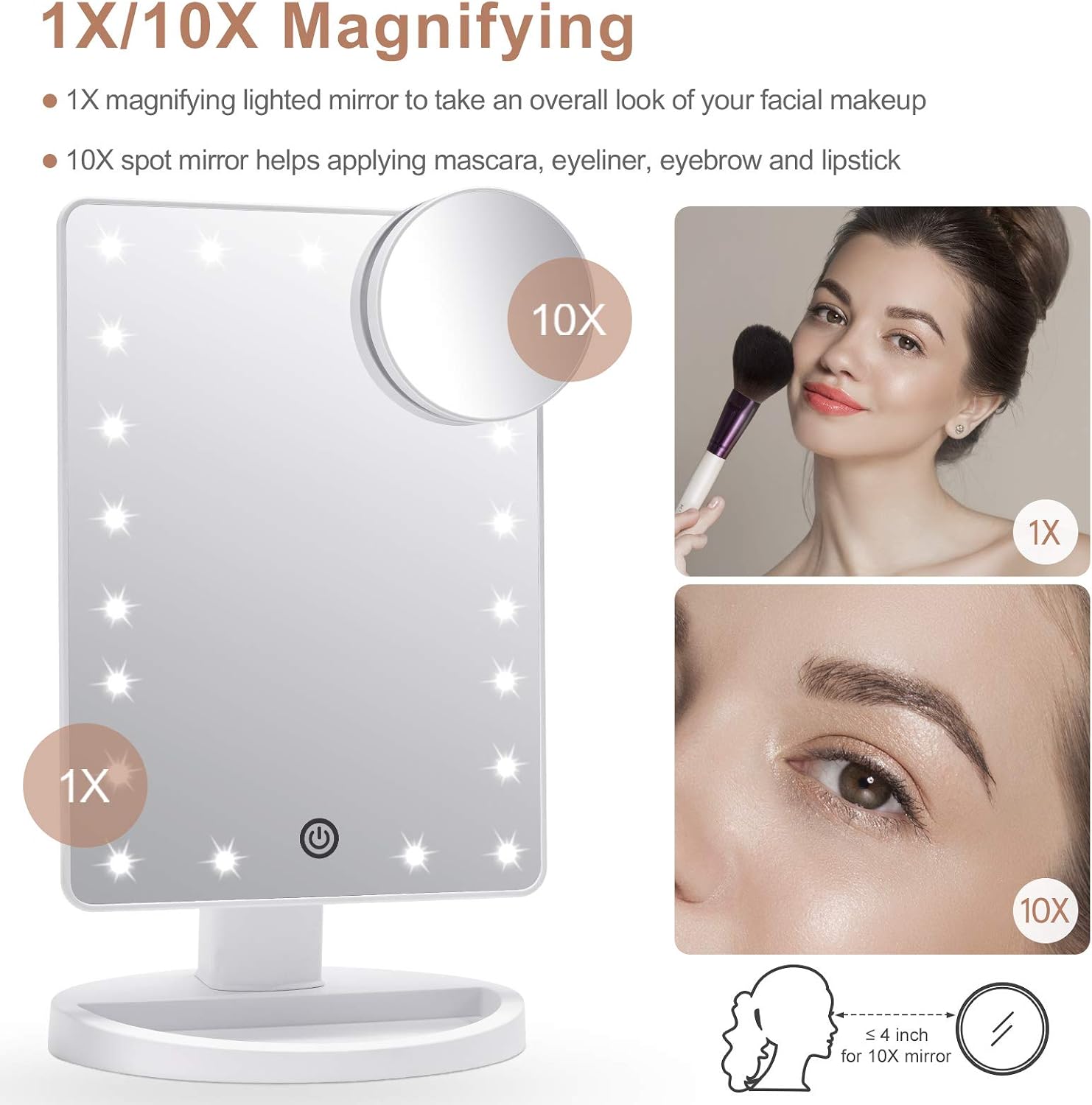FASCINATE Makeup Vanity Mirror with Lights and Detachable 10X Magnification, 21 Led Lights Adjustable Dimming Touch Sensor - Image 4