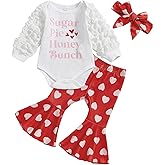 Karuedoo Newborn Baby Girl Valentines Outfit Letter Print Puff Sleeve Romper Heart Bell Bottom Pants Headband 3Pcs Set