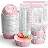Ruckae 100 PCS 8oz Round Mini Baking Cups with Lids,Mini Loaf Pans with Lids,Disposable Aluminum Foil Ramekins Baking Cups for Birthday Party Weddings (Pink, 8oz)