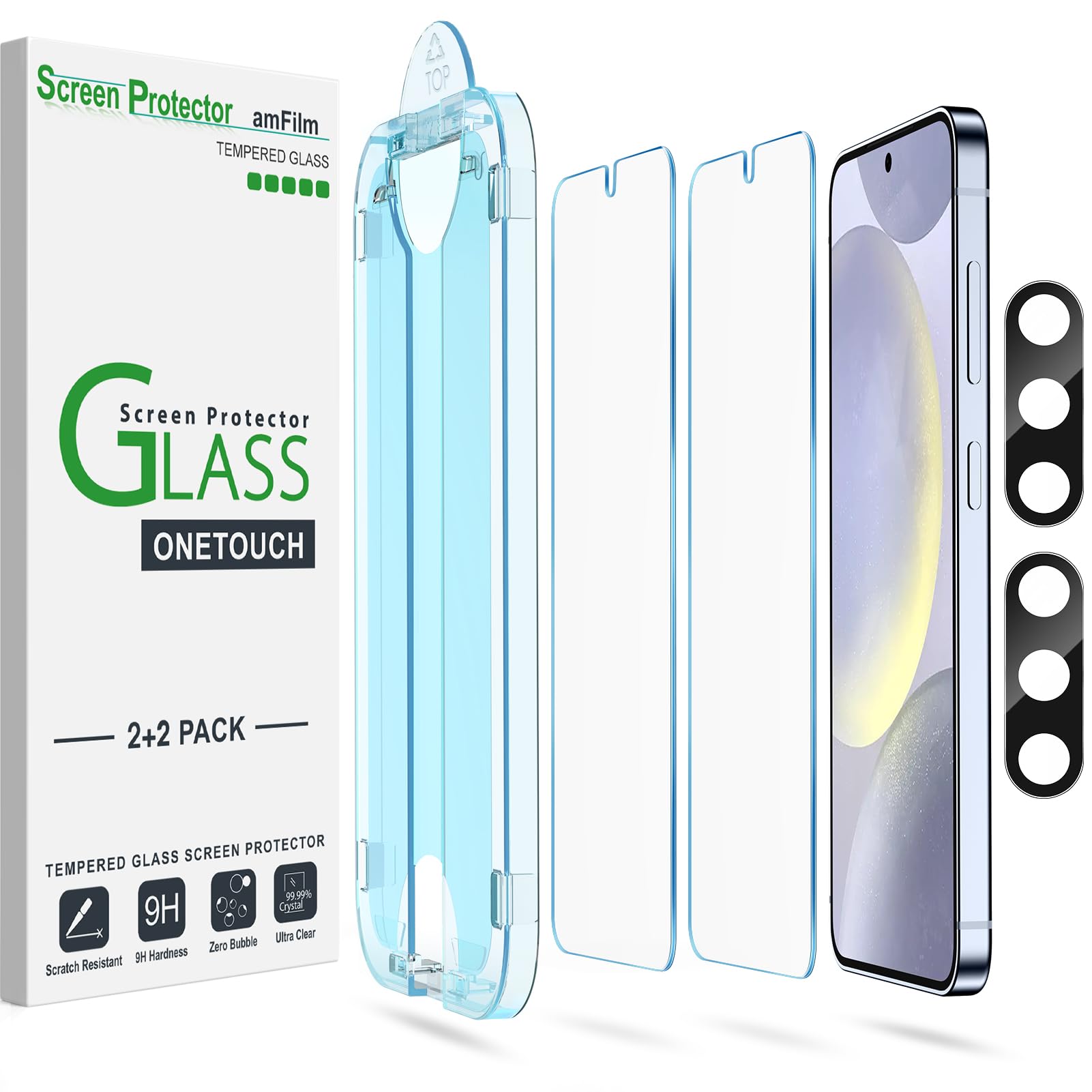 Photo 1 of amFilm Auto-Alignment OneTouch for Samsung Galaxy S24+ Plus 6.7" Screen Protector + Camera Lens Protector, Tempered Glass, 30 seconds Installation, Bubble Free, Case Friendly, Anti-Scratch [2+2 Pack]