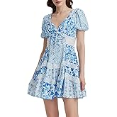 hibshaby Women's Floral Patchwork Dress V Neck Lace Layered Ruffle Flowy Babydoll Dress Puff Sleeve Tiered Mini Sundress