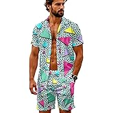 Artsadd 80s 90s Outfit for Men Hawaiian Shirt and Shorts Set Beach Party Outfits
