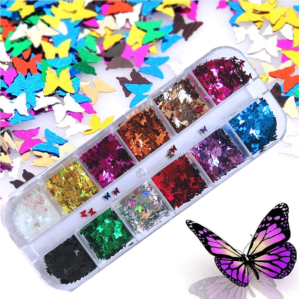 24 Color/Set 3D Butterfly Nail Glitter Sequins, Kalolary Laser Butterfly Nail Sequin Flake Acrylic Manicure Paillettes Face Body Lip Glitters for Nail Art Decoration & DIY Crafting: Beauty