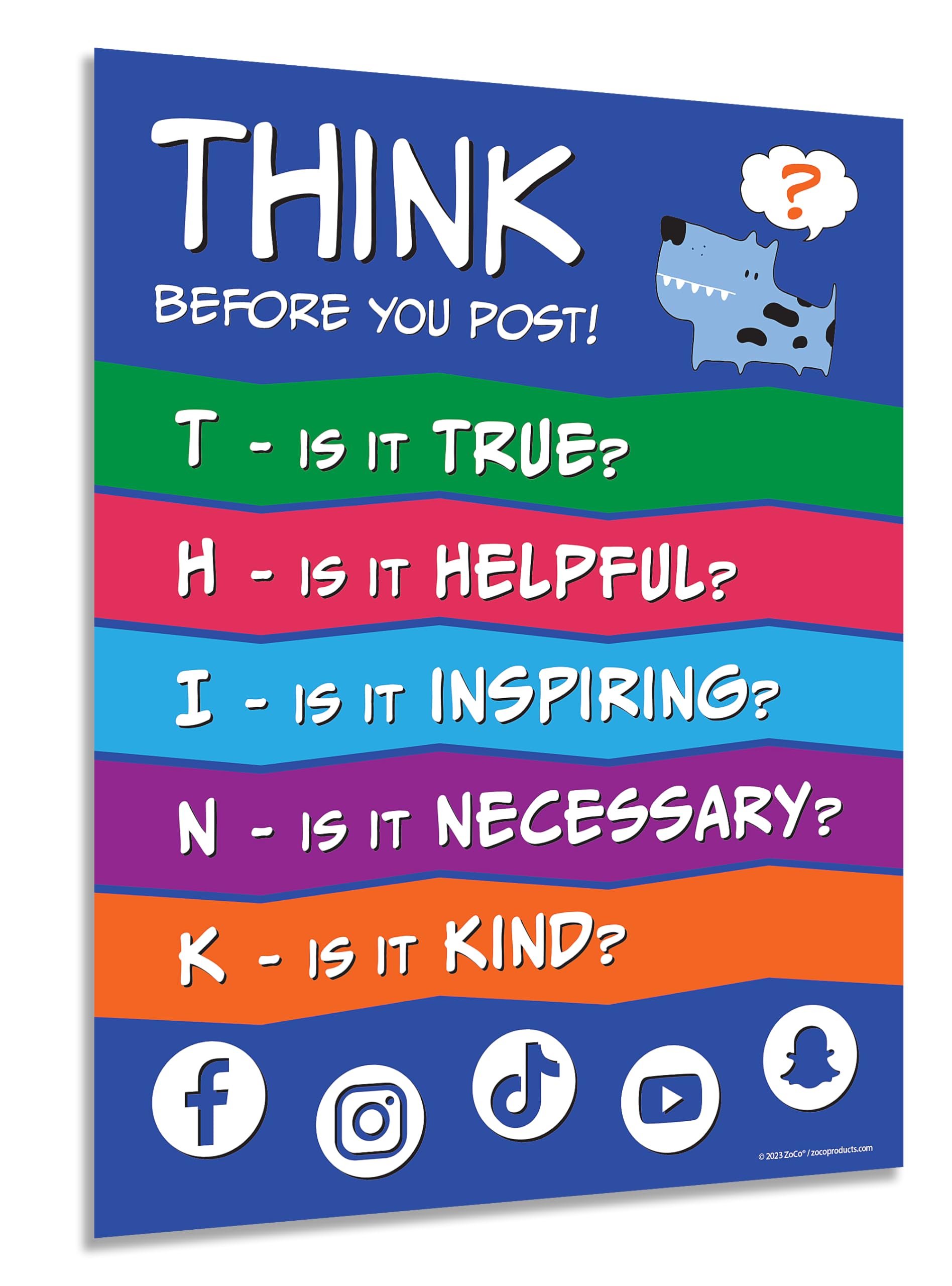 Safety Magnets THINK Before You Post Poster — Stop Bullying, Kindness, Growth Mindset, Middle School Classroom Posters — Laminated, 17 x 22 inches