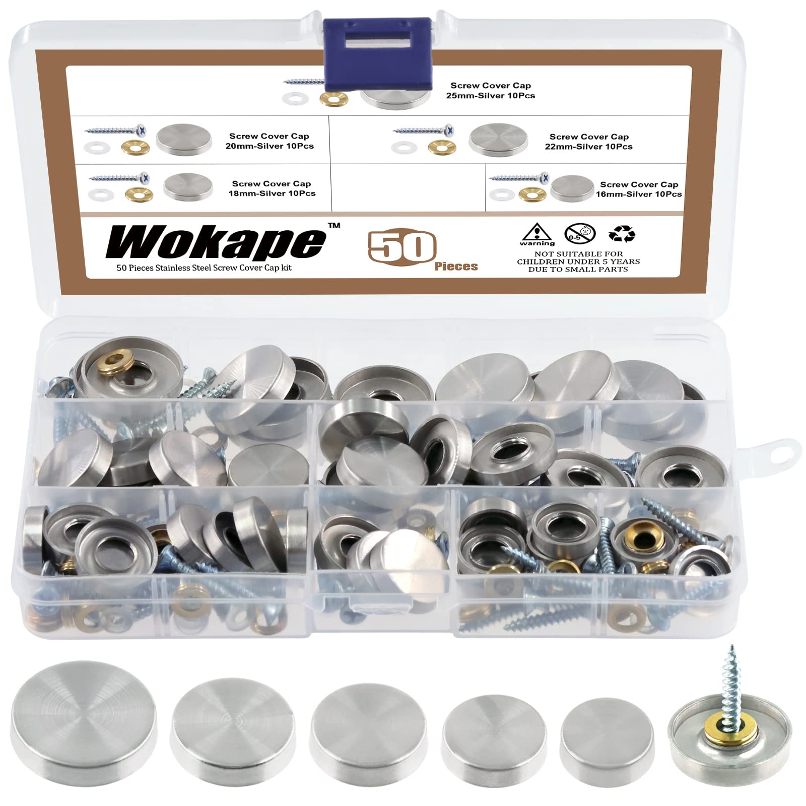 Wokape 50Pcs 16/18/20/22/25mm Stainless Steel Mirror Screw Cover Caps Kit, Mirror Screws Decorative Caps Cover Nails with Screws Fasteners for Wardrobe, Sign Advertising Hardware, Bathroom