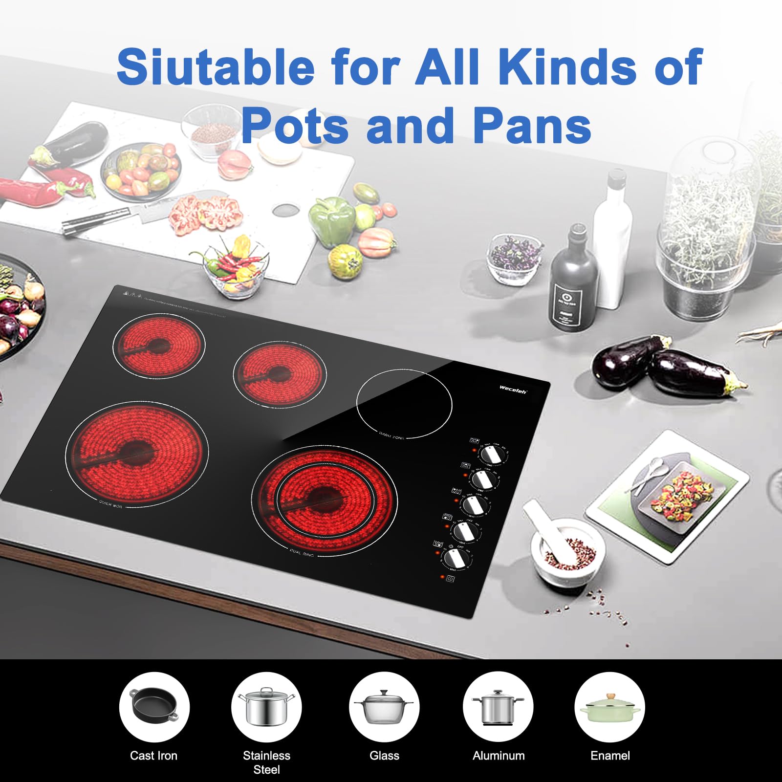 30 Inch Electric Cooktop, 5 Burners Built-in Cooktop, 7300W Knob Control Electric Stove Top with 11 Power Levels, Safety Lock, Dual Ring, Heat Retention Function, Hot Surface Indicator