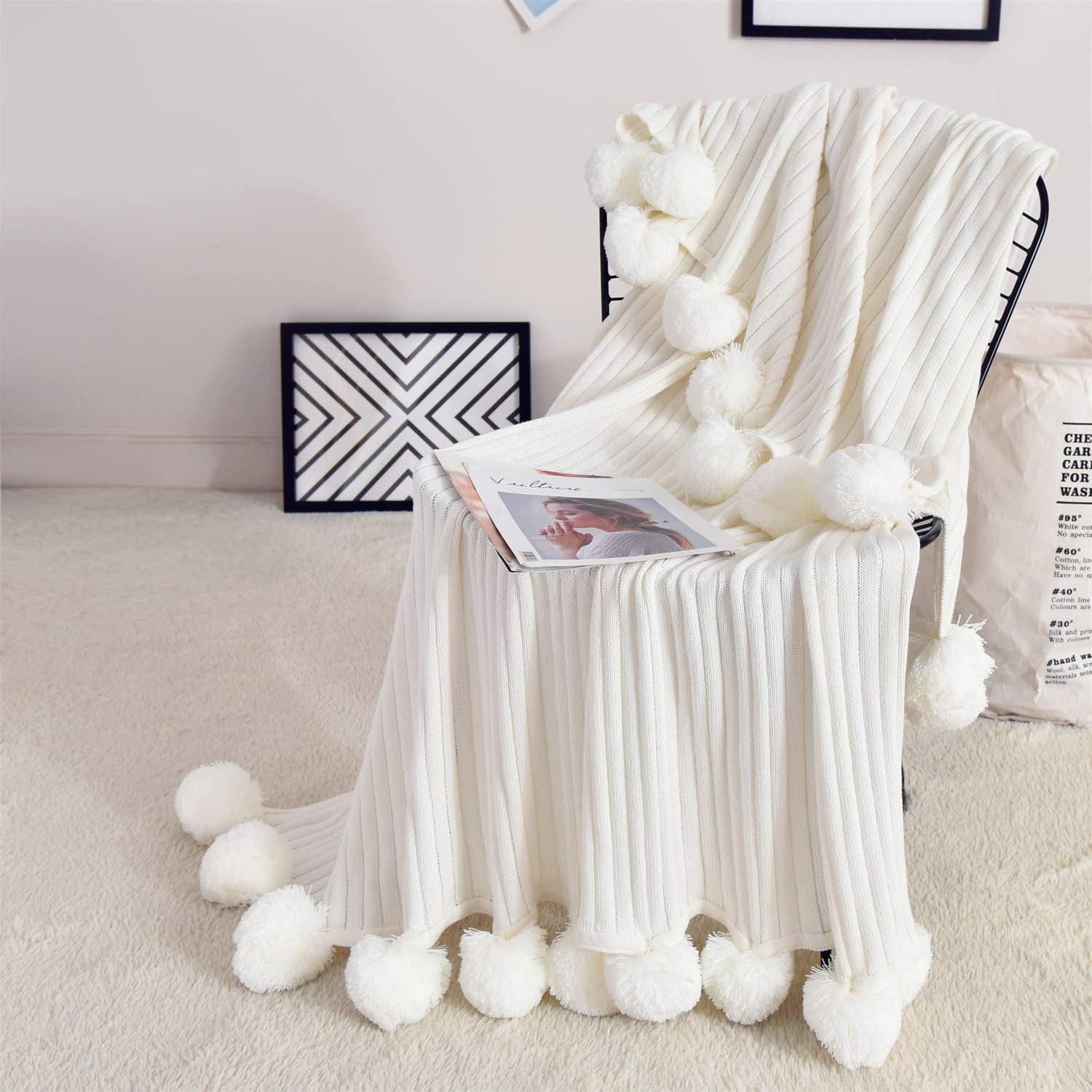 ABREEZE White Throw Blanket with Pom Poms Decorative Cotton Blanket 100% Cotton Knit Throw Blankets for Sofa Bed, Plush, Fuzzy, Cozy, Machine Washable, 40 x 60 Inches