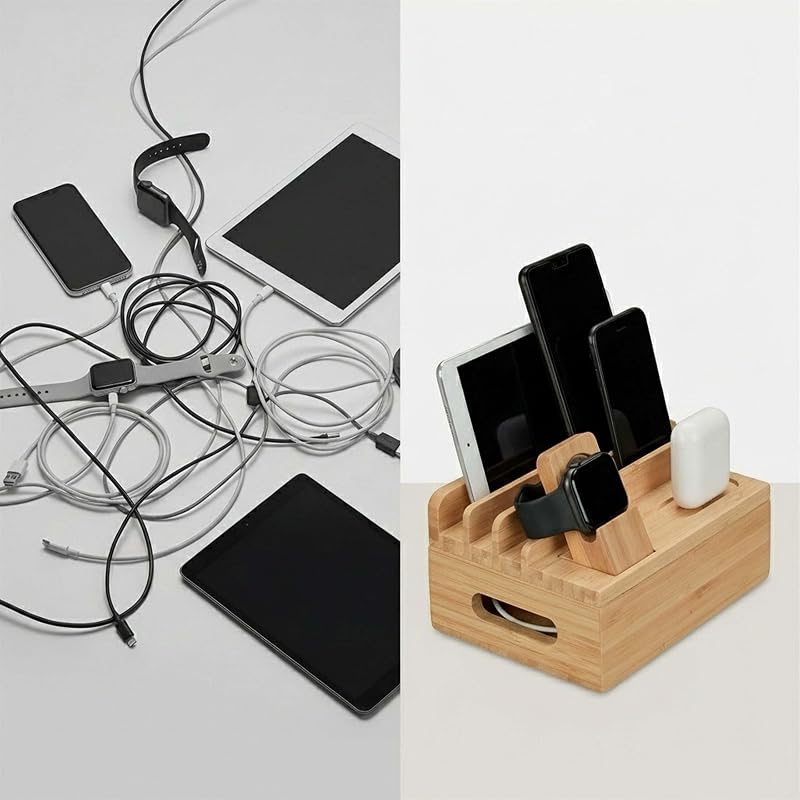 Stazione di Ricarica Multipla, Docking Station bambù, Apple Watch, Smartphone, AirPods, 11x17x13 cm, Naturale
