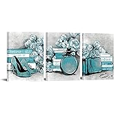 LevvArts 3 Piece Fashion Canvas Wall Art Glam High Heels Perfume Bags with Book Poster Art Painting Prints Framed Modern Teal and Grey Home Bathroom Beauty Room Decorations 12x16inchx3pcs