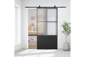 JUBEST 42" x 84" Glass Sliding Barn Door with Top Mounted Hardware Kit Included, 3-Panel Aluminum Frame and Frosted Tempered Glass French Door, Black, Easy to Install