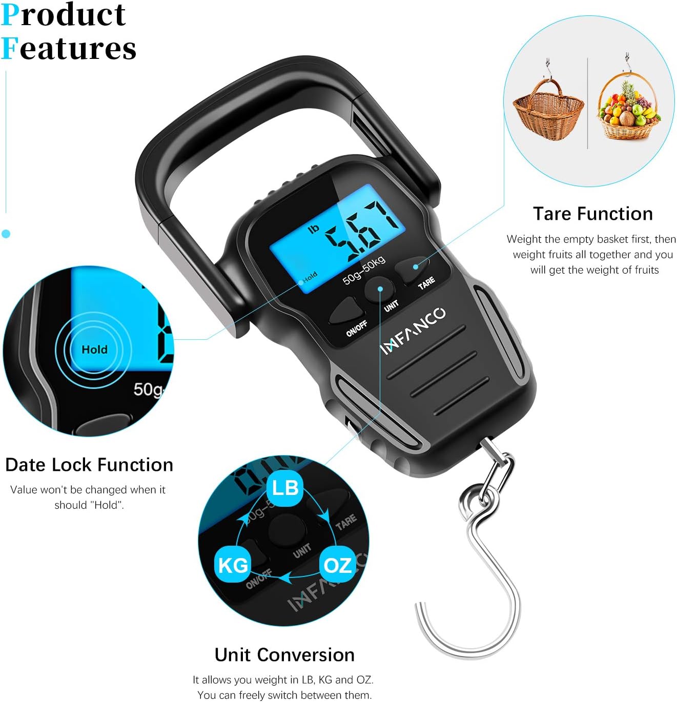 INFANCO Fish Scale, Digital Fishing Scale, HD LCD Backlit Display, Enhanced Bigger Hook, 110lb/50kg Hanging Weight Scale w/Measuring Tape for Fishing, Luggage, AAA Battery & Fishing Lure Included : Sports & Outdoors