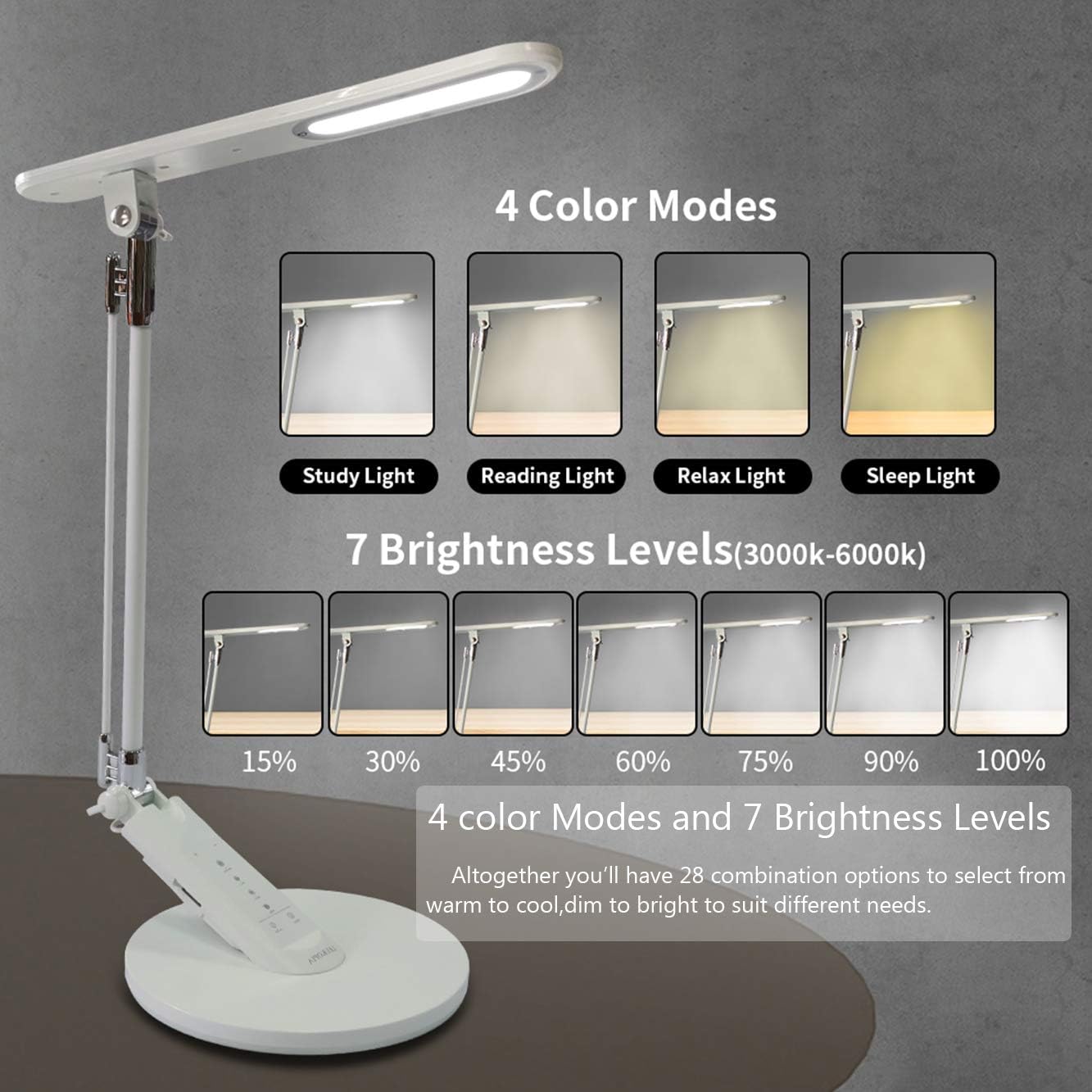 HDTIME Desk LED Lamp with USB Charging Port Touch-Sensitive Control with 1-Hour Timing Function,4 Lighting Modes with 7 Brightness Levels 36PCS LEDs(White): Home Improvement