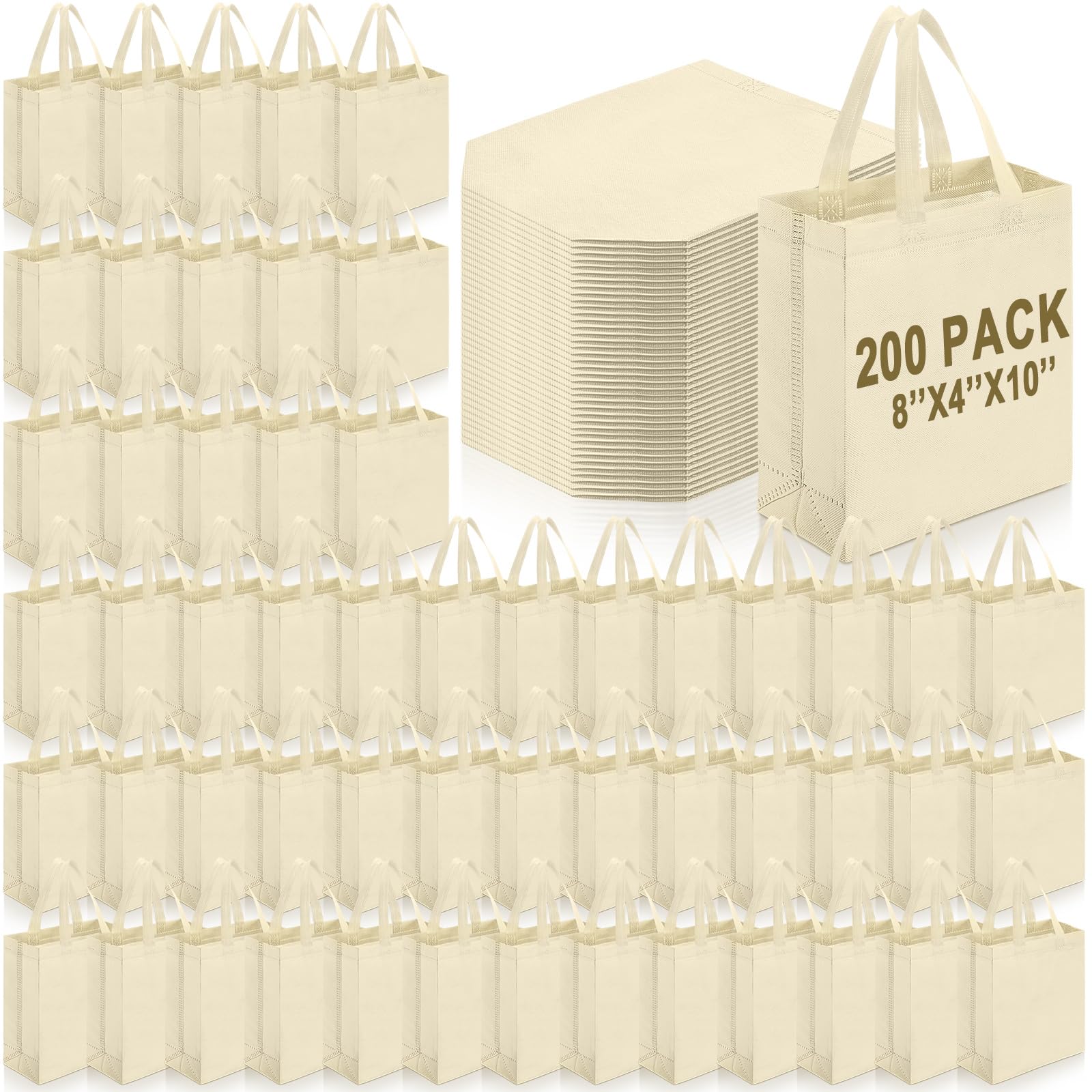 Photo 1 of Windyun 200 Pcs Reusable Tote Bag Bulk 8 x 4 x 10 Inch Non Woven Shopping Bag with Handle Reusable Grocery Gift Tote (Beige)