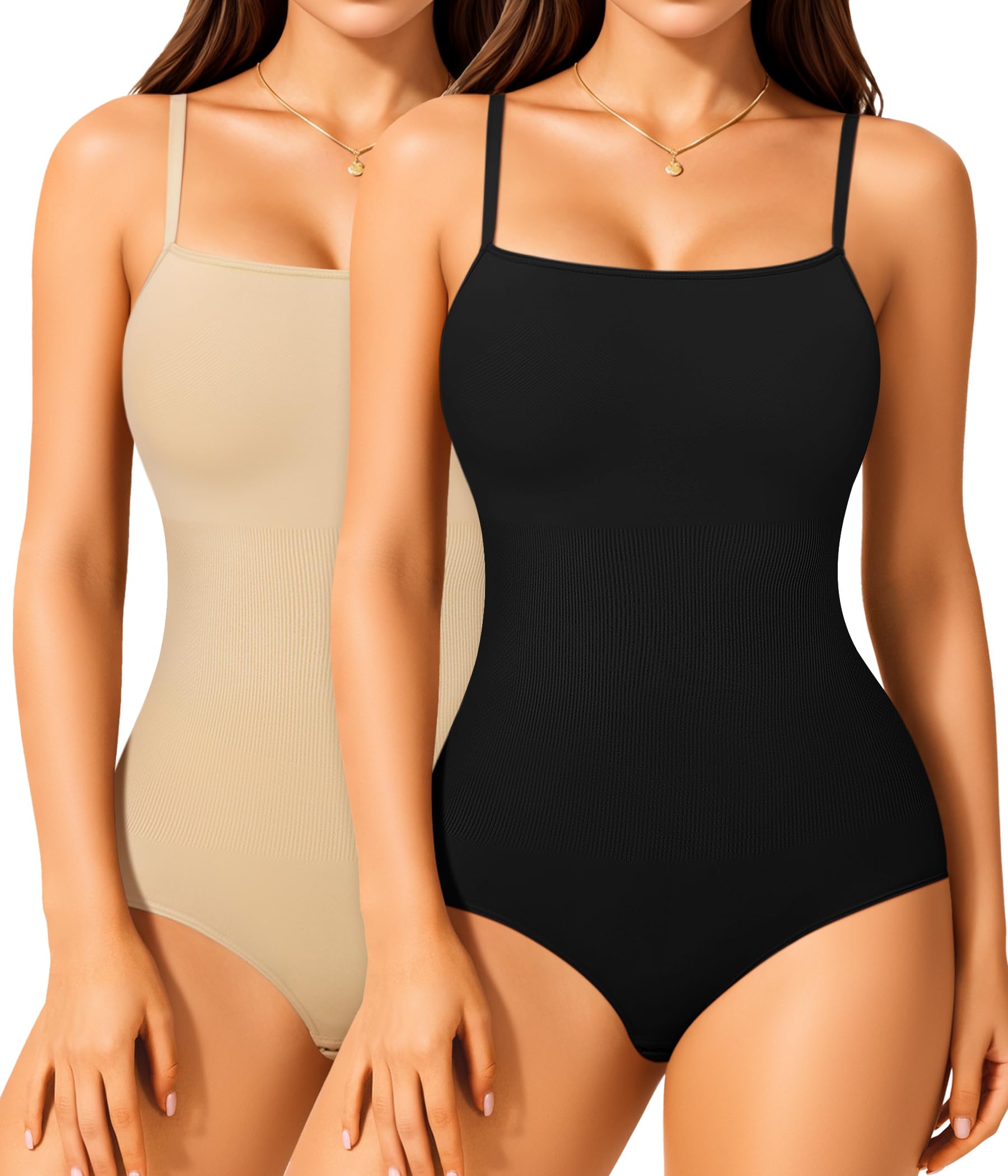 Photo 1 of Irisnaya 2-Pack Bodysuits Shapewear for Women Tummy Control Shapewear - Square Neck Body Suit Slimming Body Shaper
