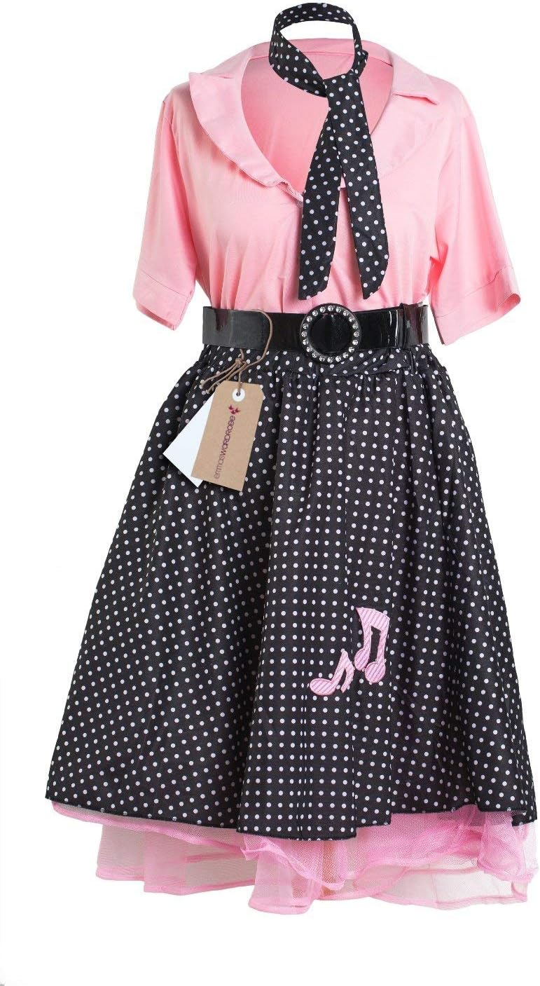 Emmas Wardrobe 1950's Rock and Roll Ladies Fancy Dress Costume - Include Polka Dot Skirt, Pink Shirt, Black Belt and Scarf. (Women: 14)
