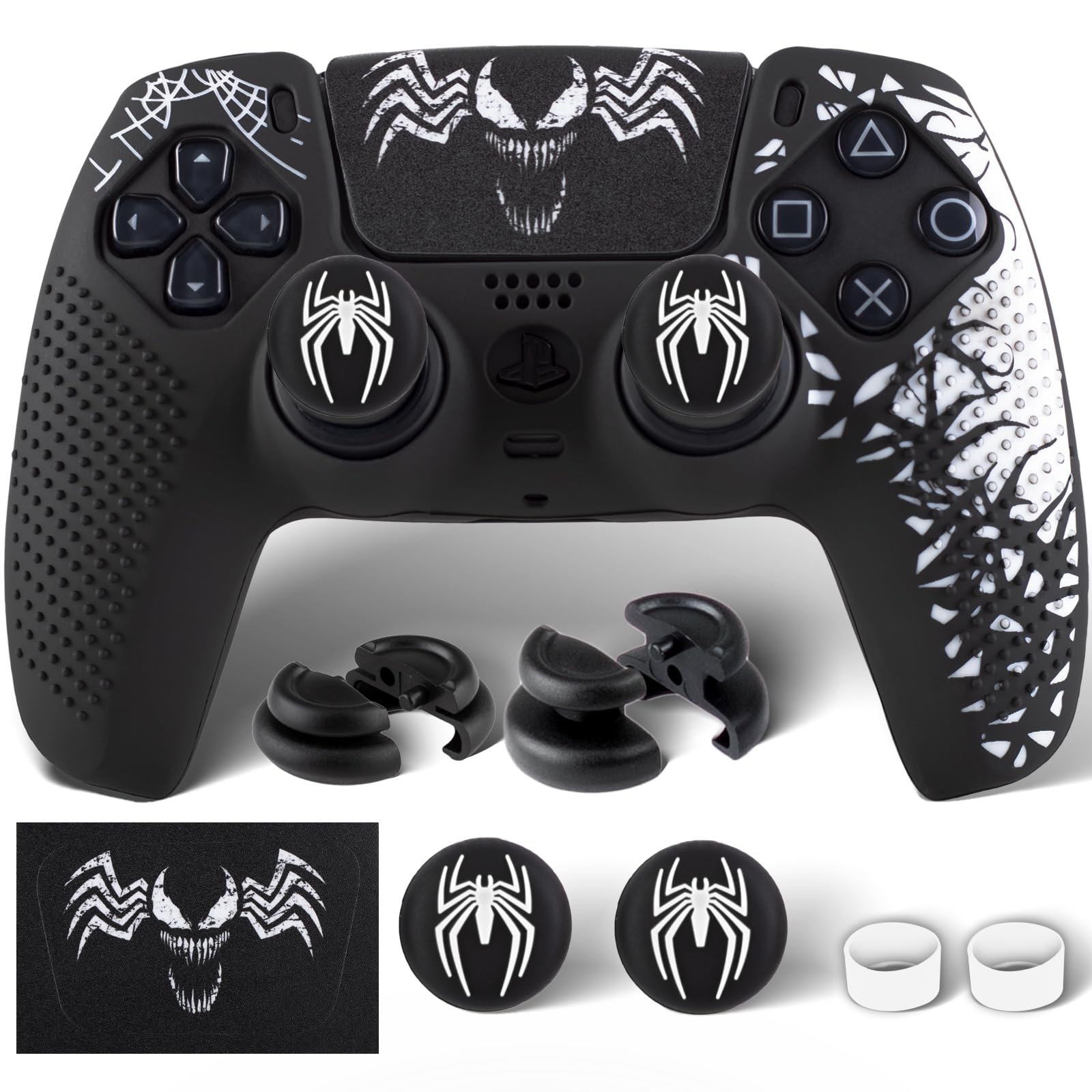 PlayRealm Silicone Skin Cover Sticker x 1 & Extender Grips x 2 for PS5 Controller Venom Theme