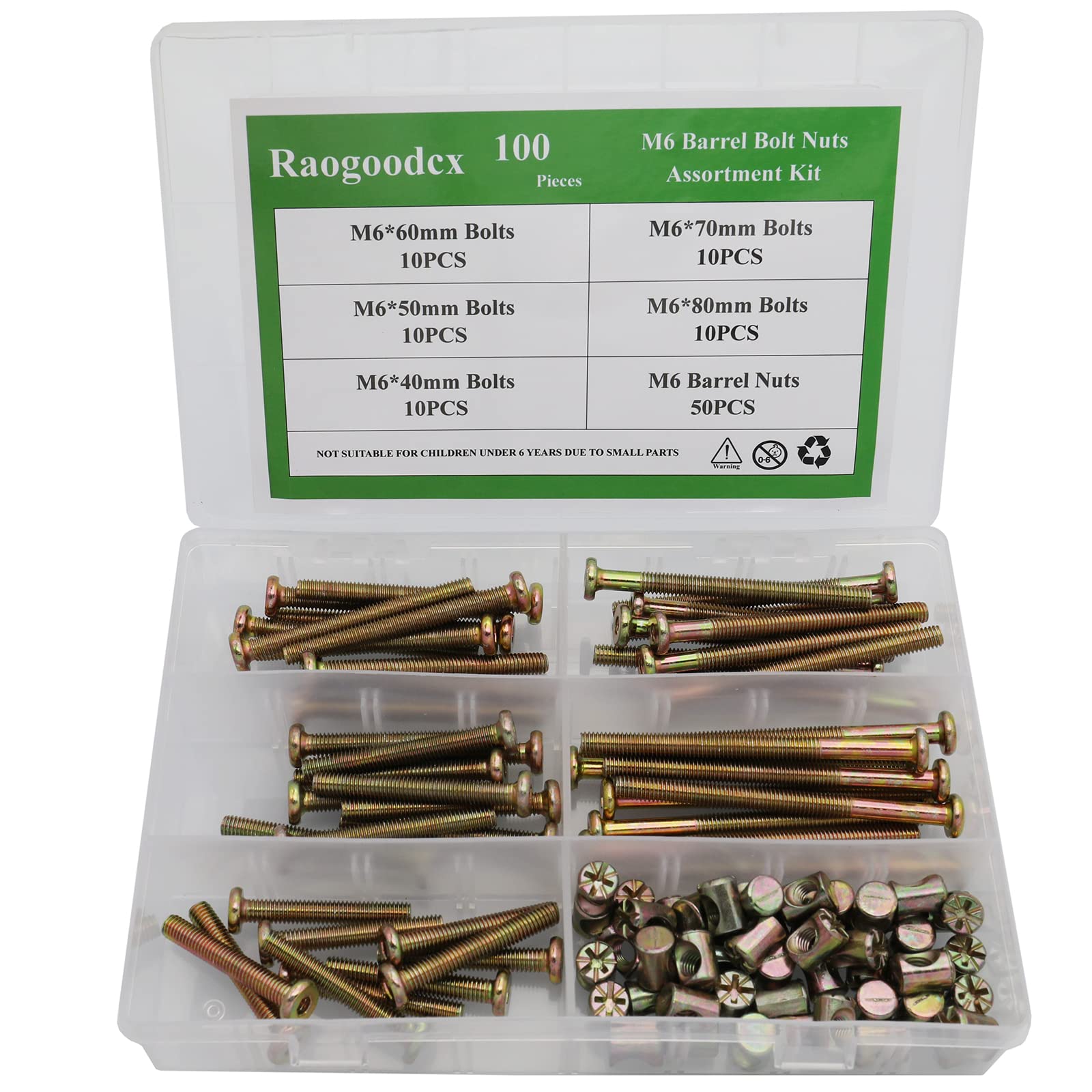 Raogoodcx 100Pcs M6 Barrel Nuts Bolts(6mm x 40mm, 6mm x 50mm, 6mm x 60mm, 6mm x 70mm, 6mm x 80mm) Hex Socket Cap Screw Bolts and Philips-Slotted Drive Barrel Nuts Assortment Kit
