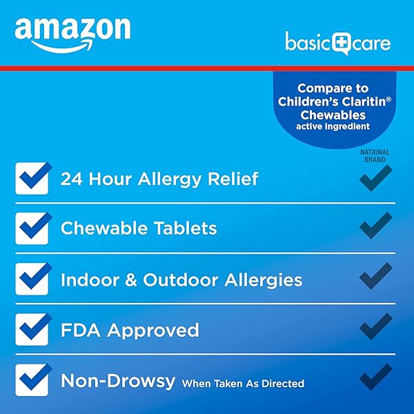 AMAZON BASIC CARE CHILDREN’S ALLERGY RELIEF, LORATADINE CHEWABLE TABLETS, 5 MG, GRAPE FLAVORED, AGES 2 AND UP, 20 COUNT