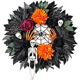24in Halloween Skeleton Wreath for Front Door, Gothic Skull Web Decor | Black Orange Purple Floral Wreath with Skeleton Hands, Spider Web Accents for Porch, Wall, Haunted House and Party Decor