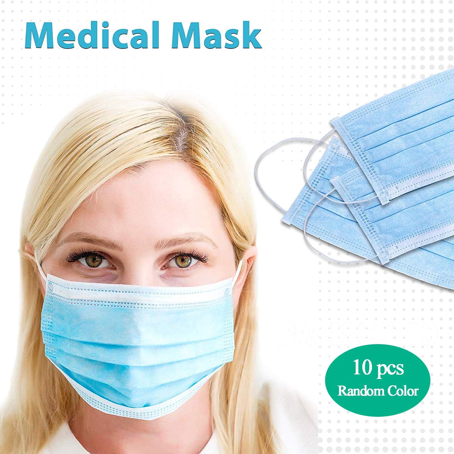 Yansion Surgical Mask - Face Masks - Medical Mask - Sealed Bag, Three Layer Disposable Surgical Face Mask, Flu Mask, Blue/Grey/Pink/White (10PACK) Color Random