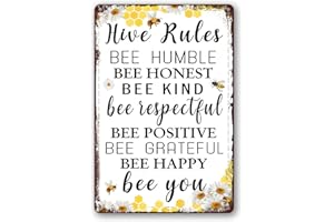 BELHNPK Bee Garden Decor Bee Hive Rules Sign For Home Honey Bee Decorations Hive Rules Signs Bumble Metal Tin Signs Bees Kitchen Wall Decor Outdoor Beehive Decoration Bee Hive Classroom Decor 8x12 Inch