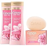 Caress Body Wash 2-Pack + Bar Soap, Daily Silk Bundle – Bath & Shower Essentials for Silky Soft Skin, White Peach & Orange Blossom