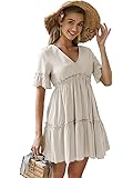 MsLure Women's V Neck Cotton Ruffle Babydoll Loose Mini Dress Short Sleeve Tunic Swing Dress