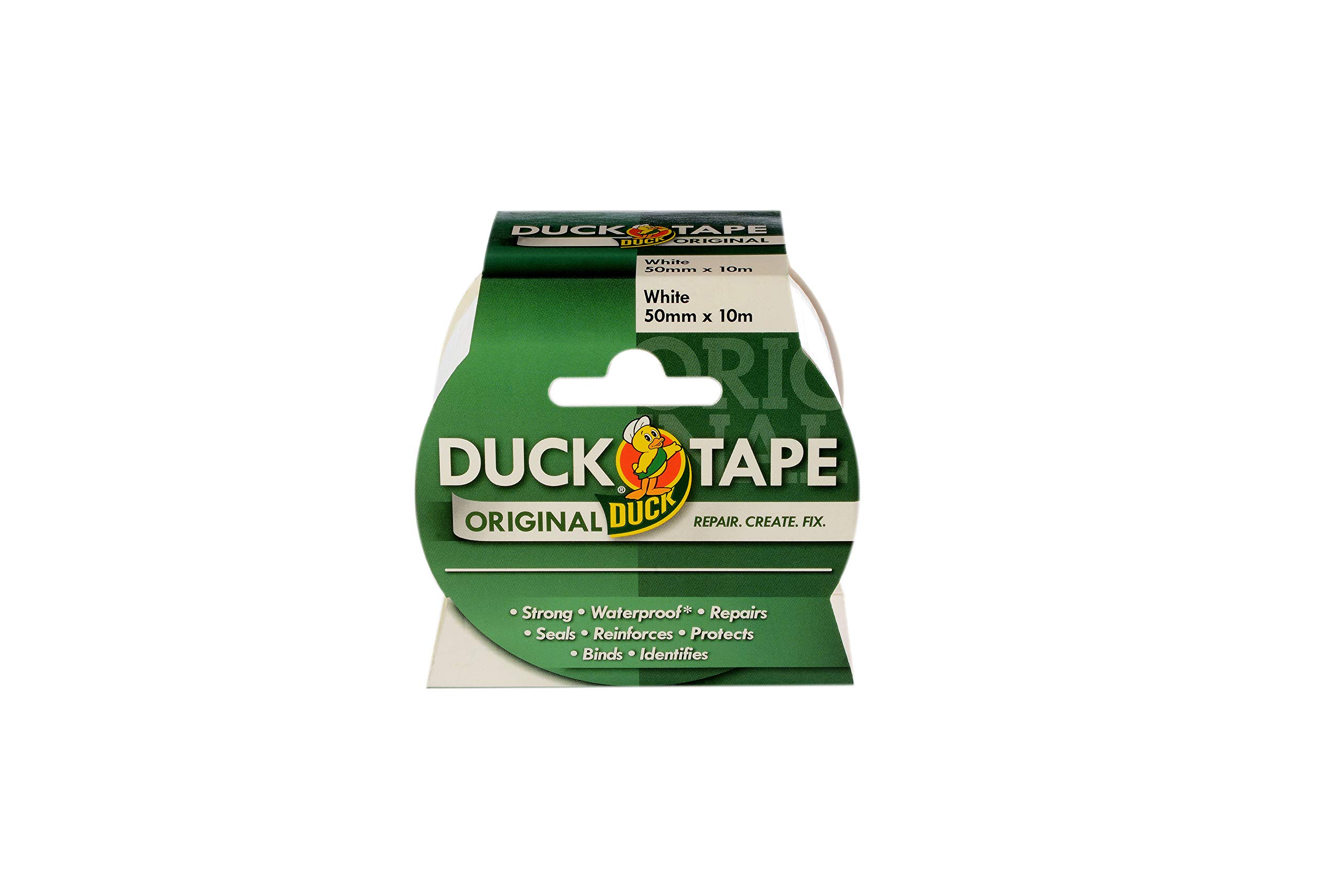 Duck Tape Original White, 50mm x 10m. The original high strength waterproof gaffer and duct adhesive cloth repair tape