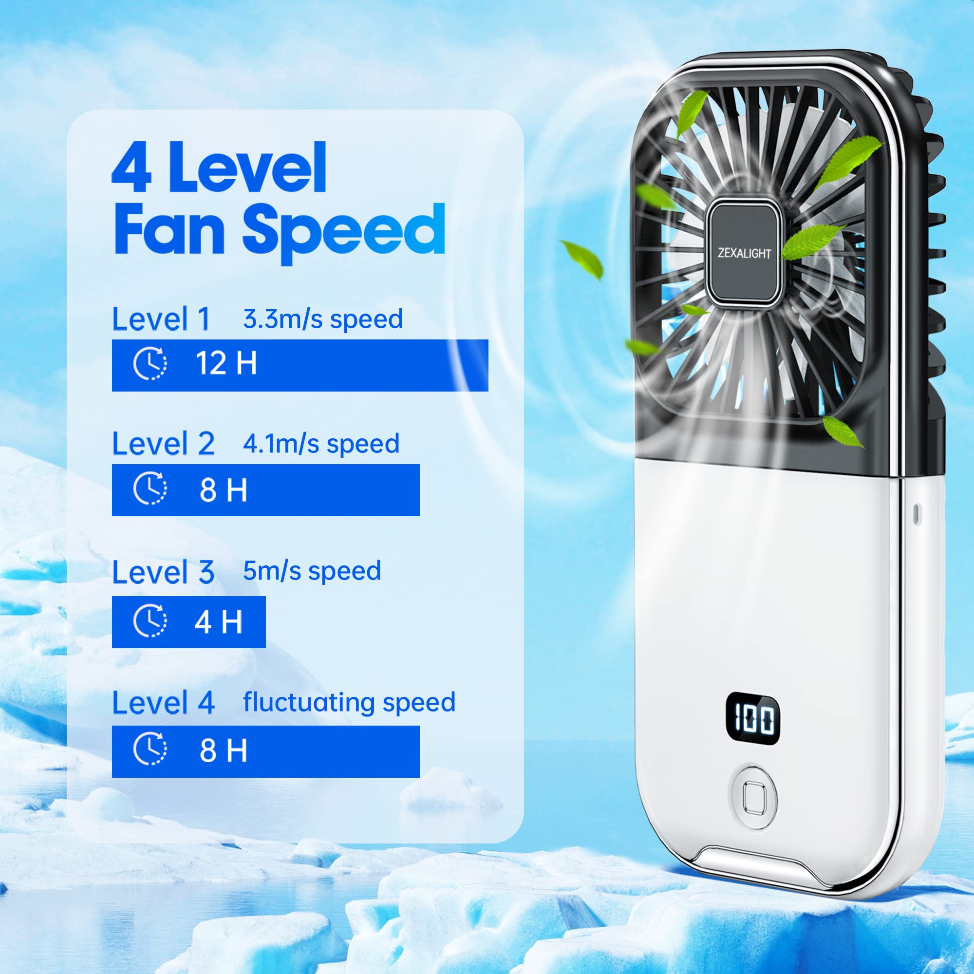 Upgraded 5-in-1 Portable Handheld Fan, Necklace Fan, Mini Desk Fan, Foldable Phone Stand, Emergency Backup Power, Quiet USB Rechargeable Personal Fans with LED Digital Screen (Black & white)