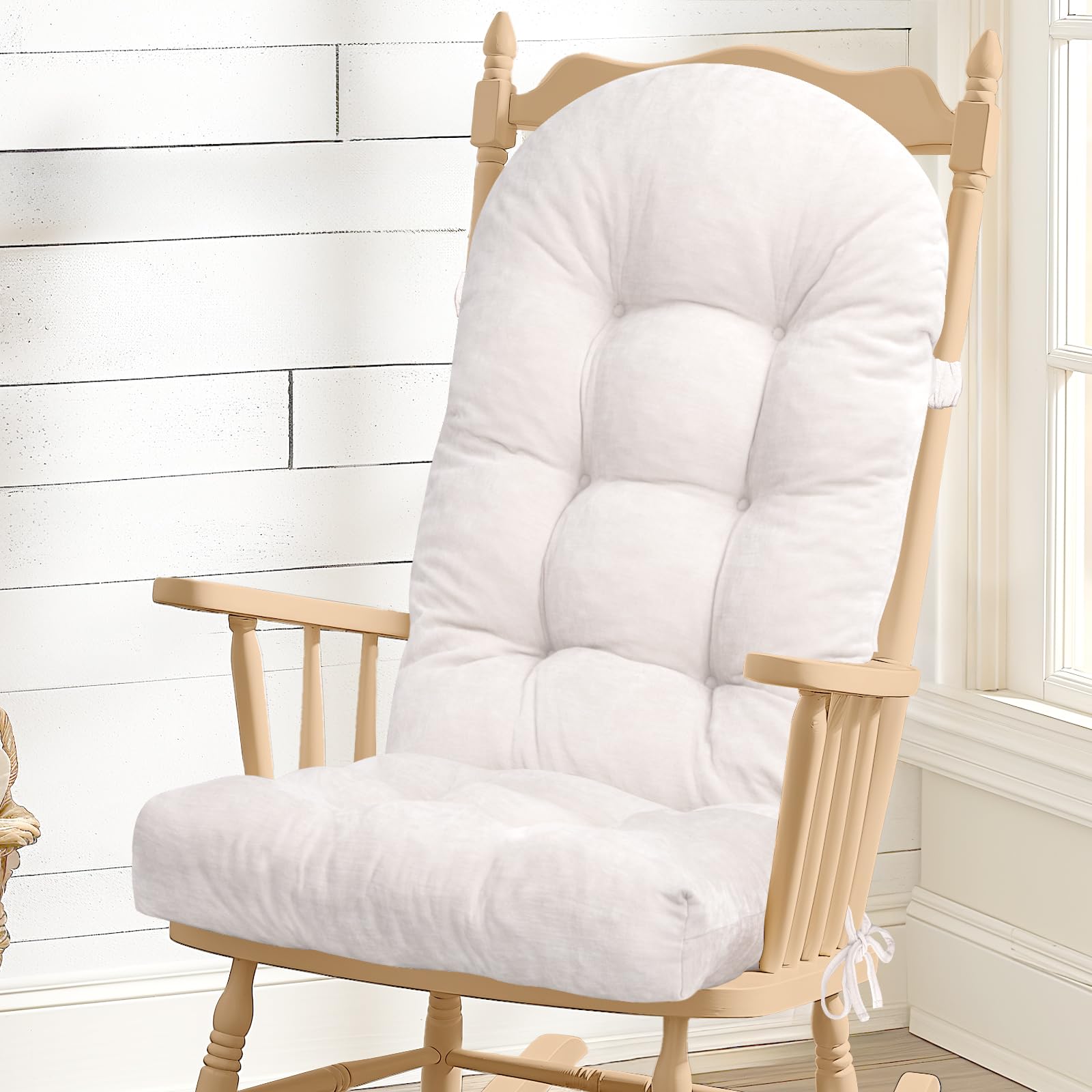 Photo 1 of ROFIEJOX Rocking Chair Cushion - Chenille Fabric, High-Density Sponge, Durable Comfort Non-Slip Bottom Tufted Seat Pads with Ties, Chenille?White, 44x19x4 inch